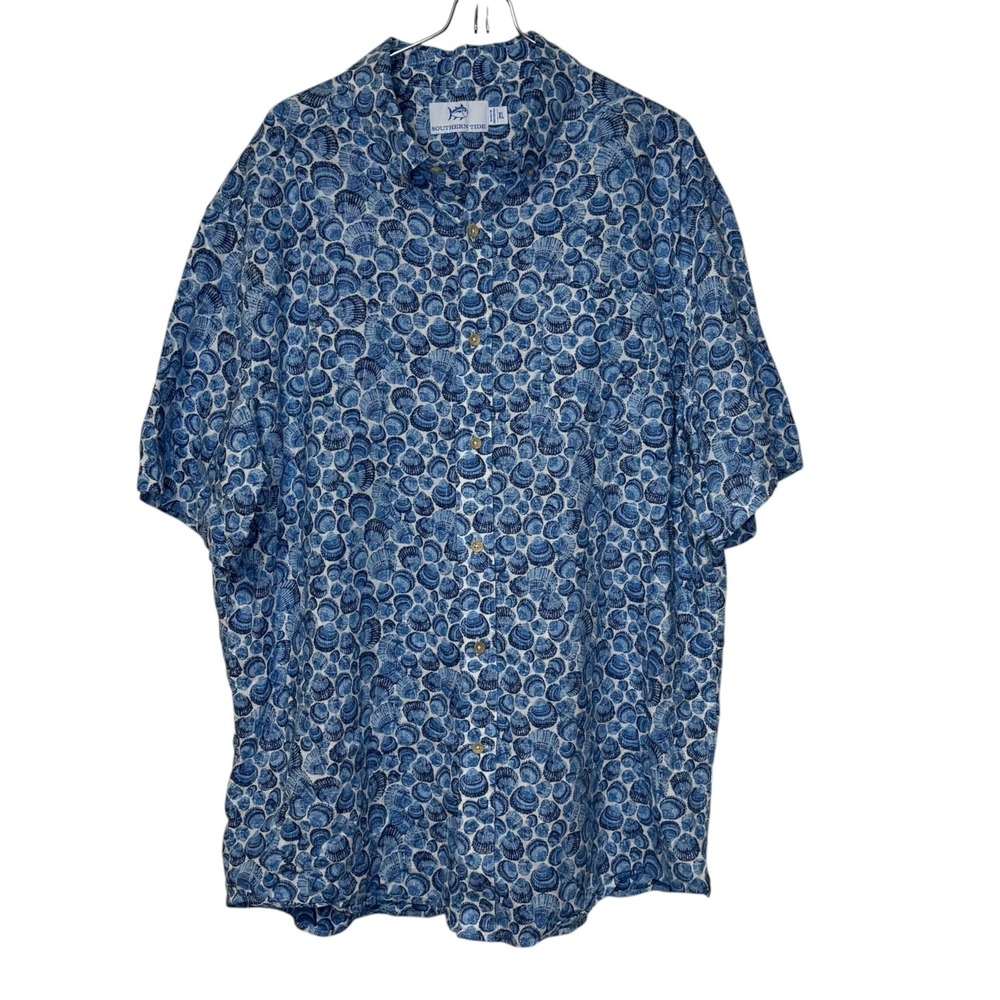 Southern Tide Mens Sunday Shellies Linen Blend Button Down Shirt Blue White XL